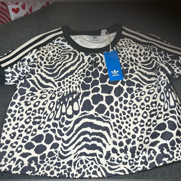 Adidas Originals 3-Stripes Animal Print Cropped Tee Ecru/Black Size S NWT - Picture 6 of 12